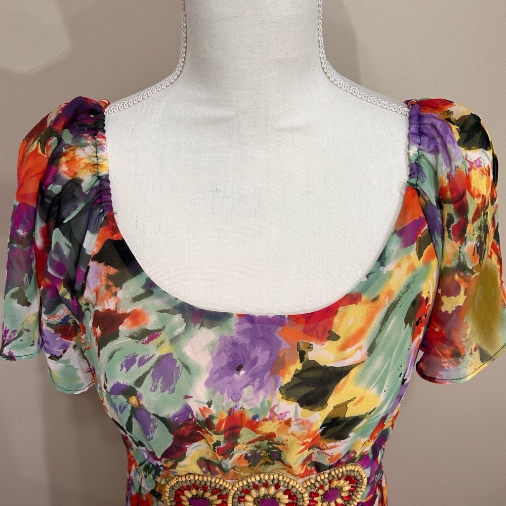Ice Dress Womens 12 Green Red Floral Beaded Fit & Flare Flutter Side Zipper - Picture 3 of 14